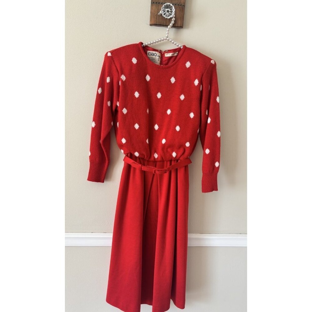 Vintage Ciao Ltd Womens Size 6 Red White Polka Dot Wool Blend Dress Belted